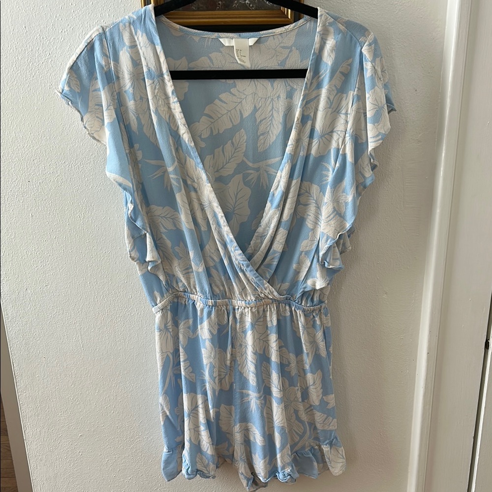 H&M Blue and White Wide Leg Jumpsuit with Ruffled Sleeves
